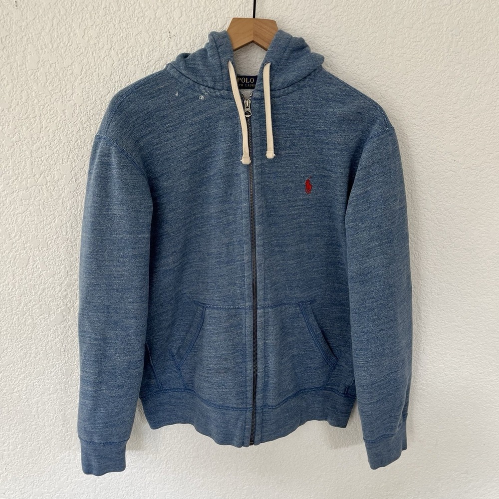 Polo Ralph Lauren Blue Heather Full Zip Fleece Hoodie Men's Medium Red Pony Read